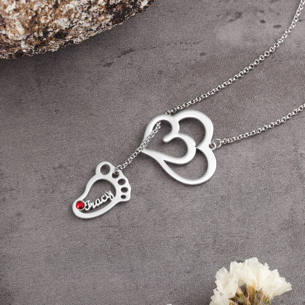 Rhodium Plated Double Heart Baby Feet Necklace