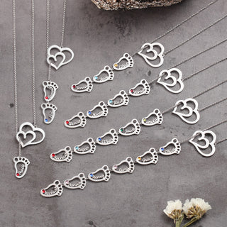 Rhodium Plated Double Heart Baby Feet Necklace