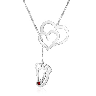 Rhodium Plated Double Heart Baby Feet Necklace