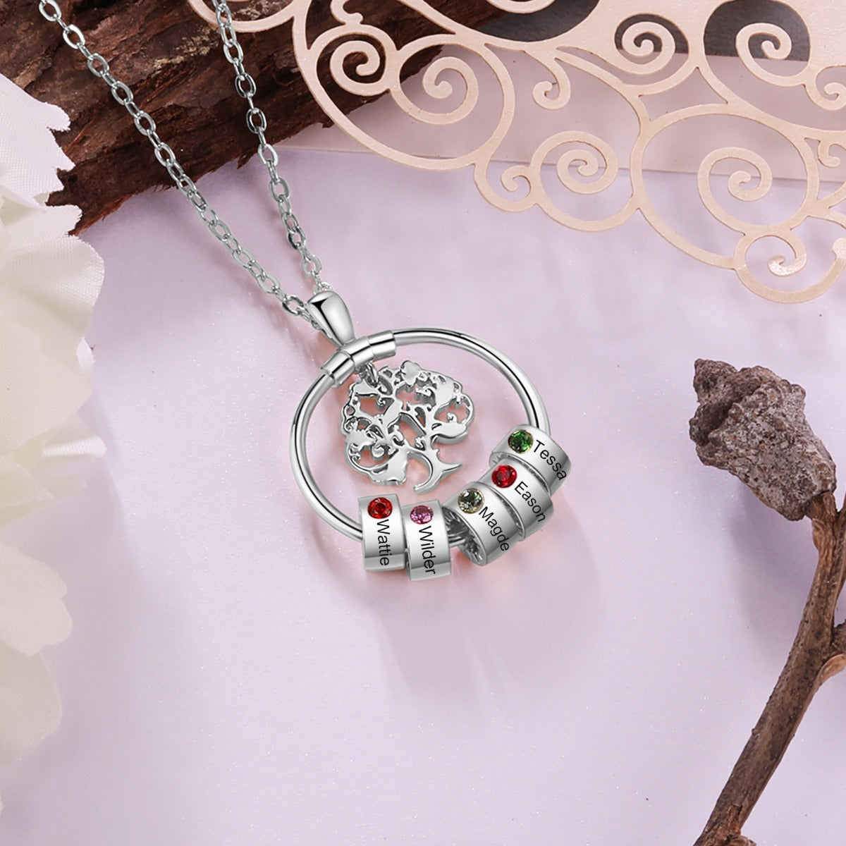 Birthstone & Engraved Life Tree Necklace