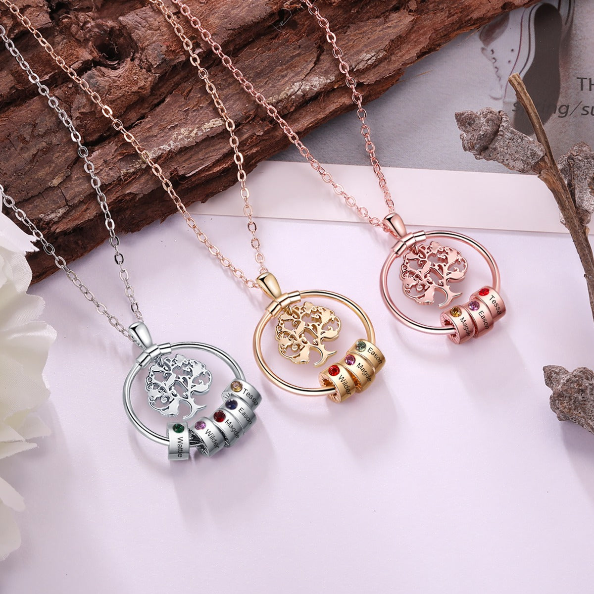 Birthstone & Engraved Life Tree Necklace