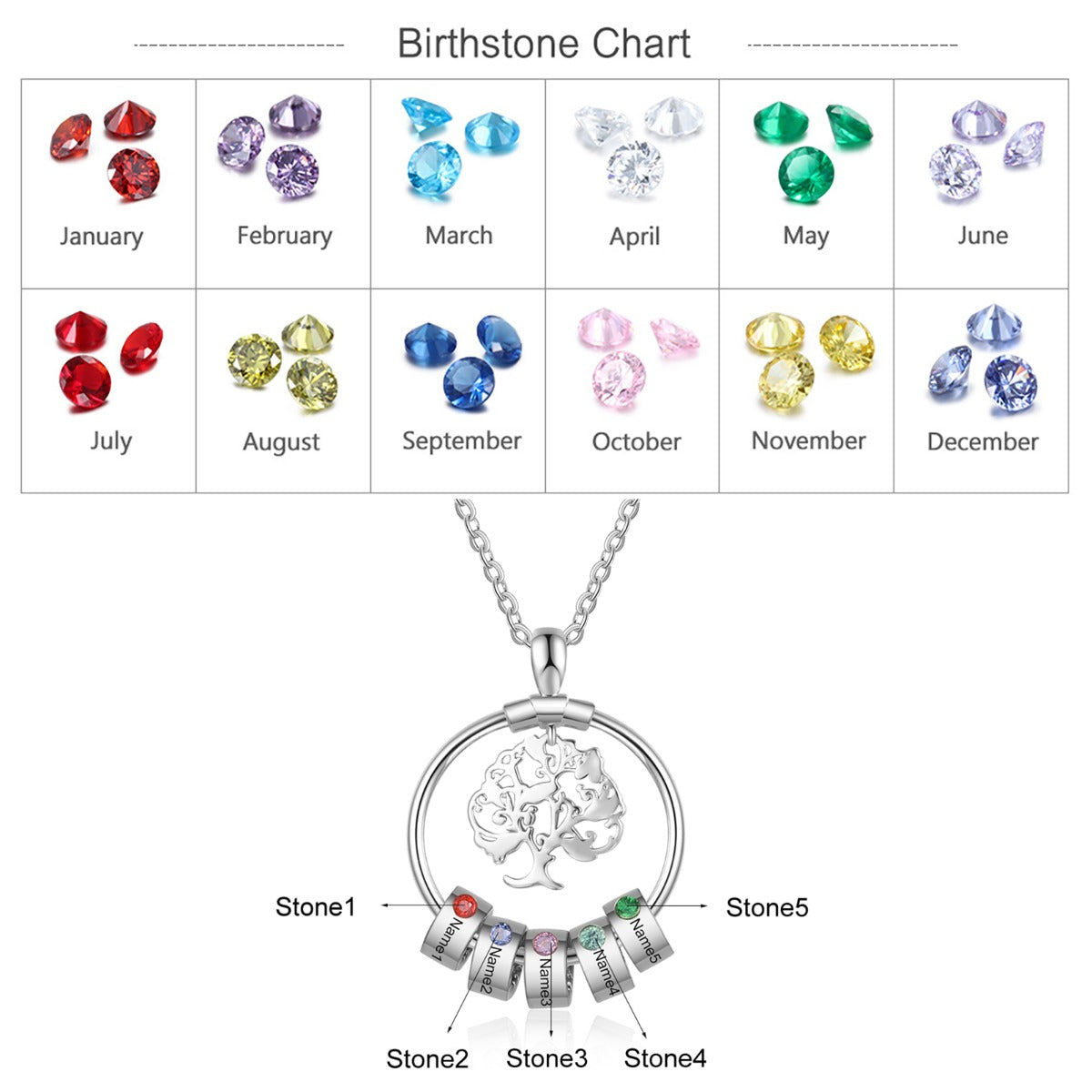 Birthstone & Engraved Life Tree Necklace