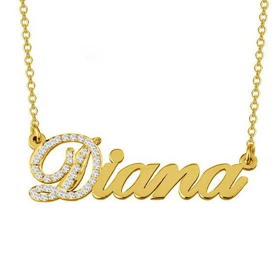 925 Sterling Silver Paved stone Name Necklace