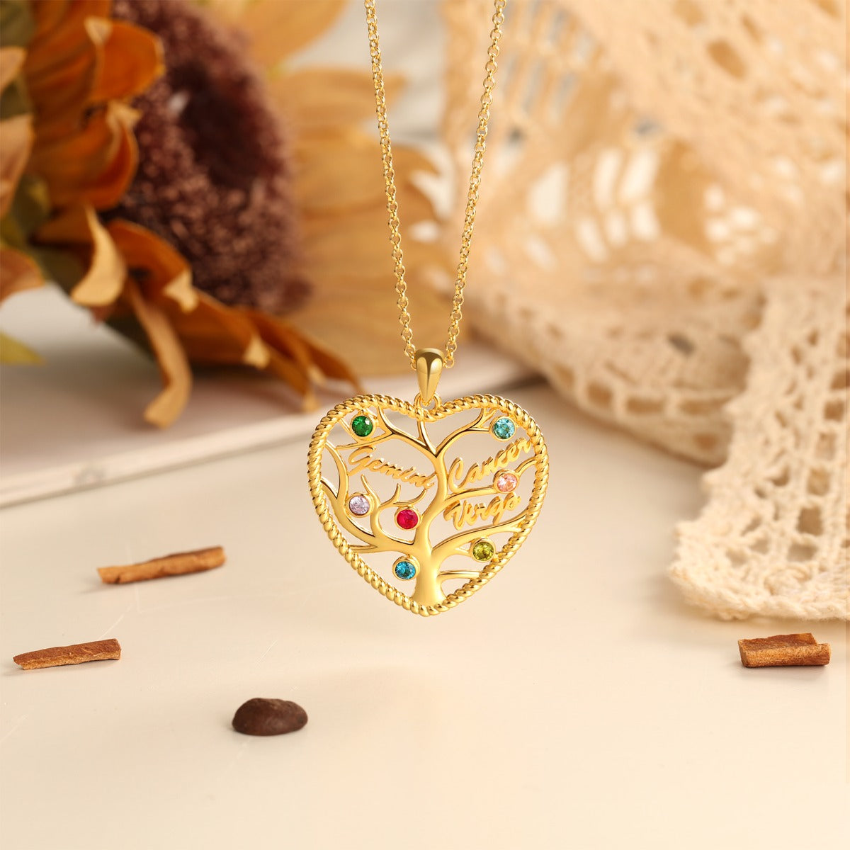 Heart Shape Rhodium Plated Family Tree Necklace
