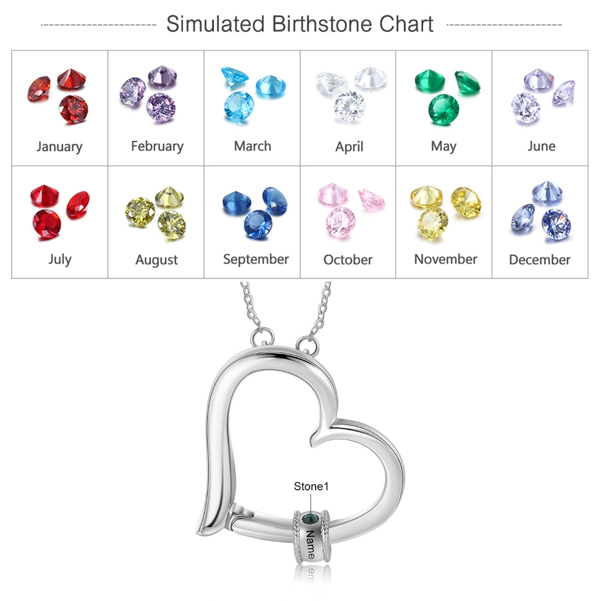 Birthstone & Engraved Rhodium plated Necklace