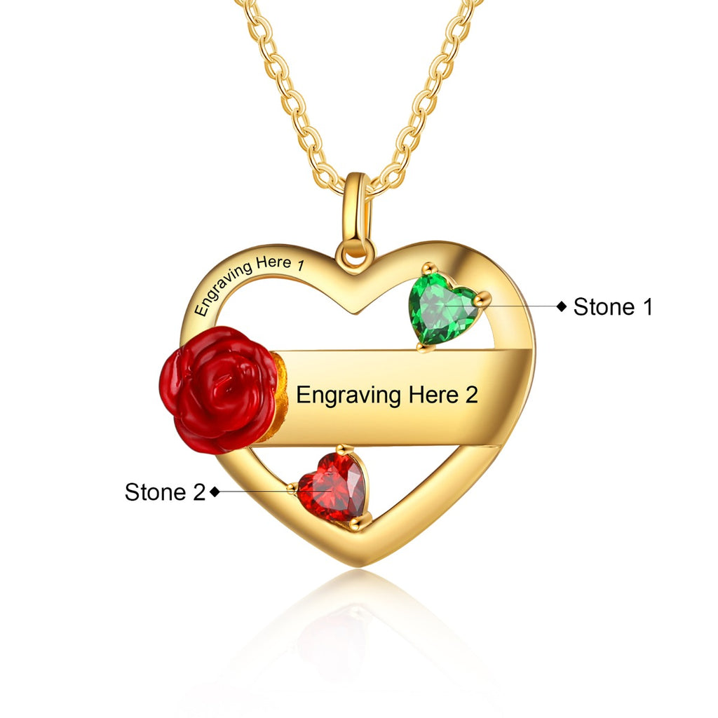Rhodium Plated Rose Flower Heart Necklace