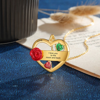 Rhodium Plated Rose Flower Heart Necklace