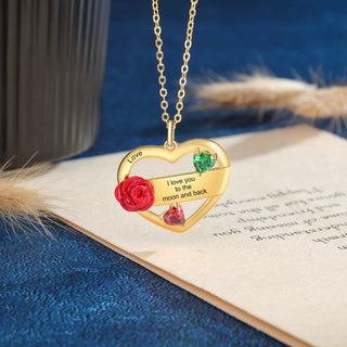 Rhodium Plated Rose Flower Heart Necklace