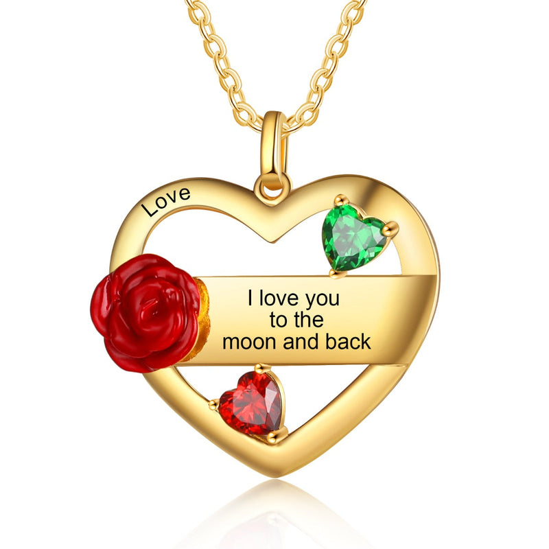 Rhodium Plated Rose Flower Heart Necklace