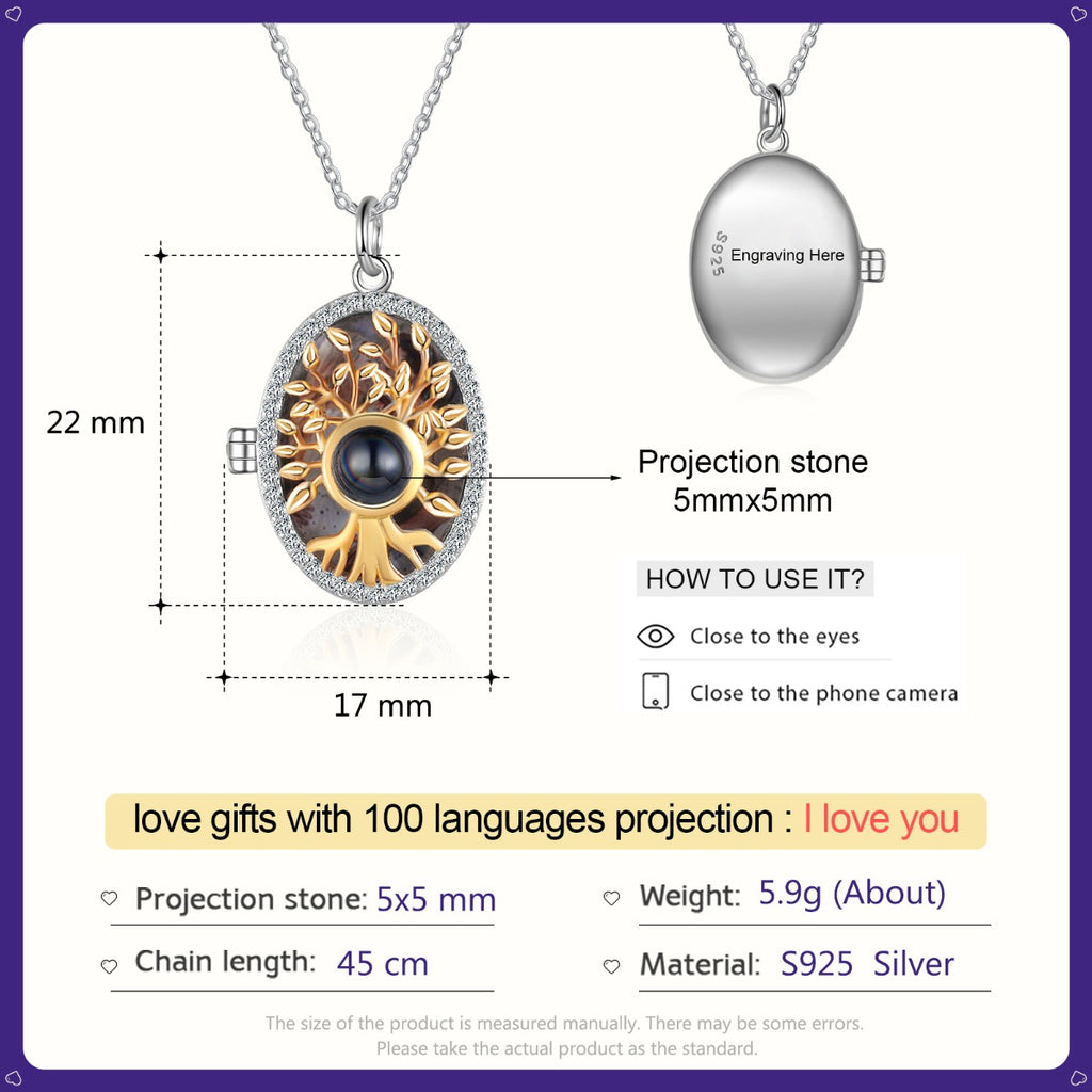 Personalized S925 Silver Family Tree Projection Photo Necklace
