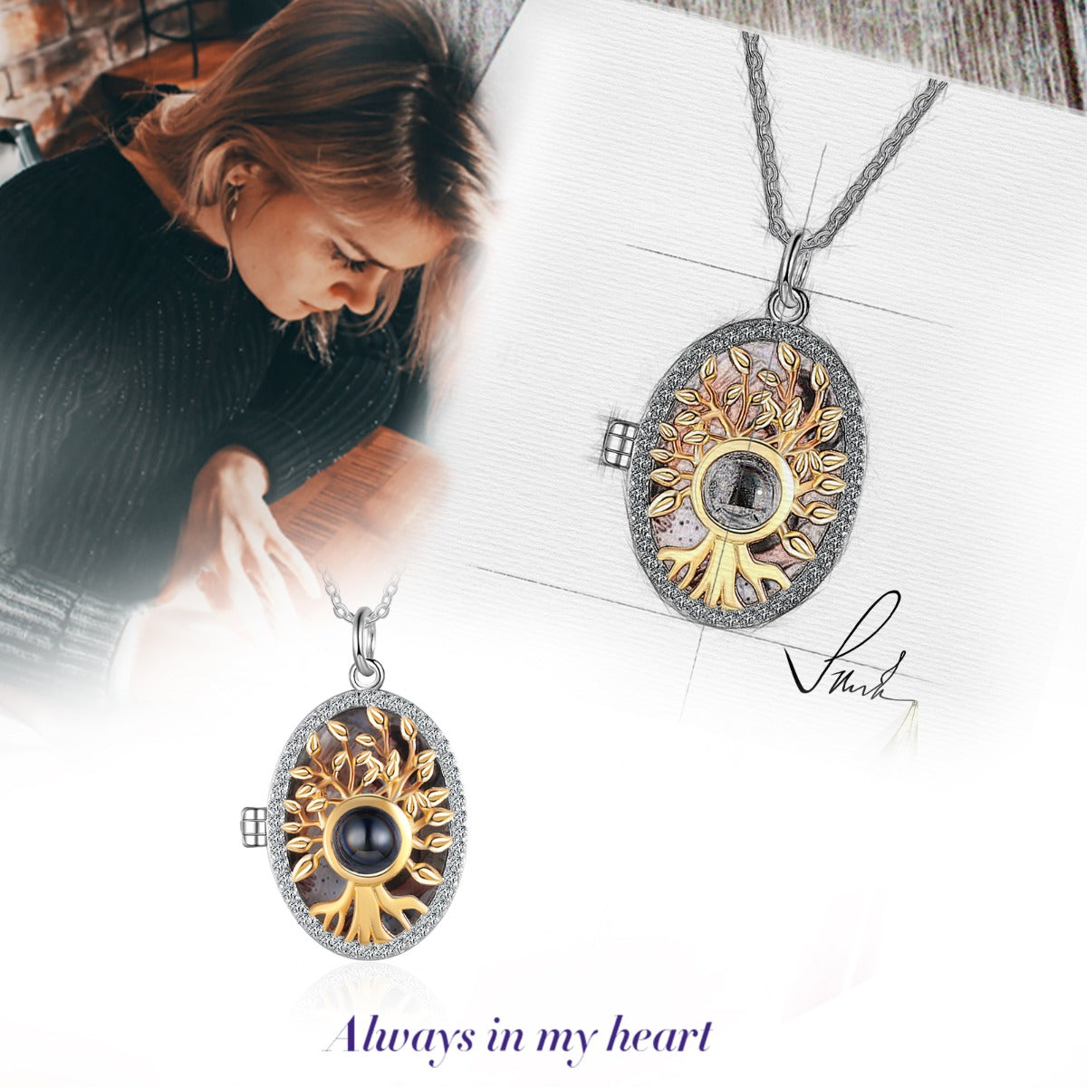 Personalized S925 Silver Family Tree Projection Photo Necklace