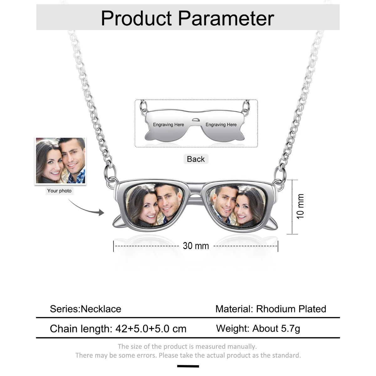 Personalized Rhodium Plated Glasses Pendant Photo Necklace