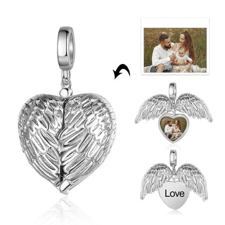 Personalized Rhodium Plated Heart Shape Wing Photo Charm Jewelry Beads