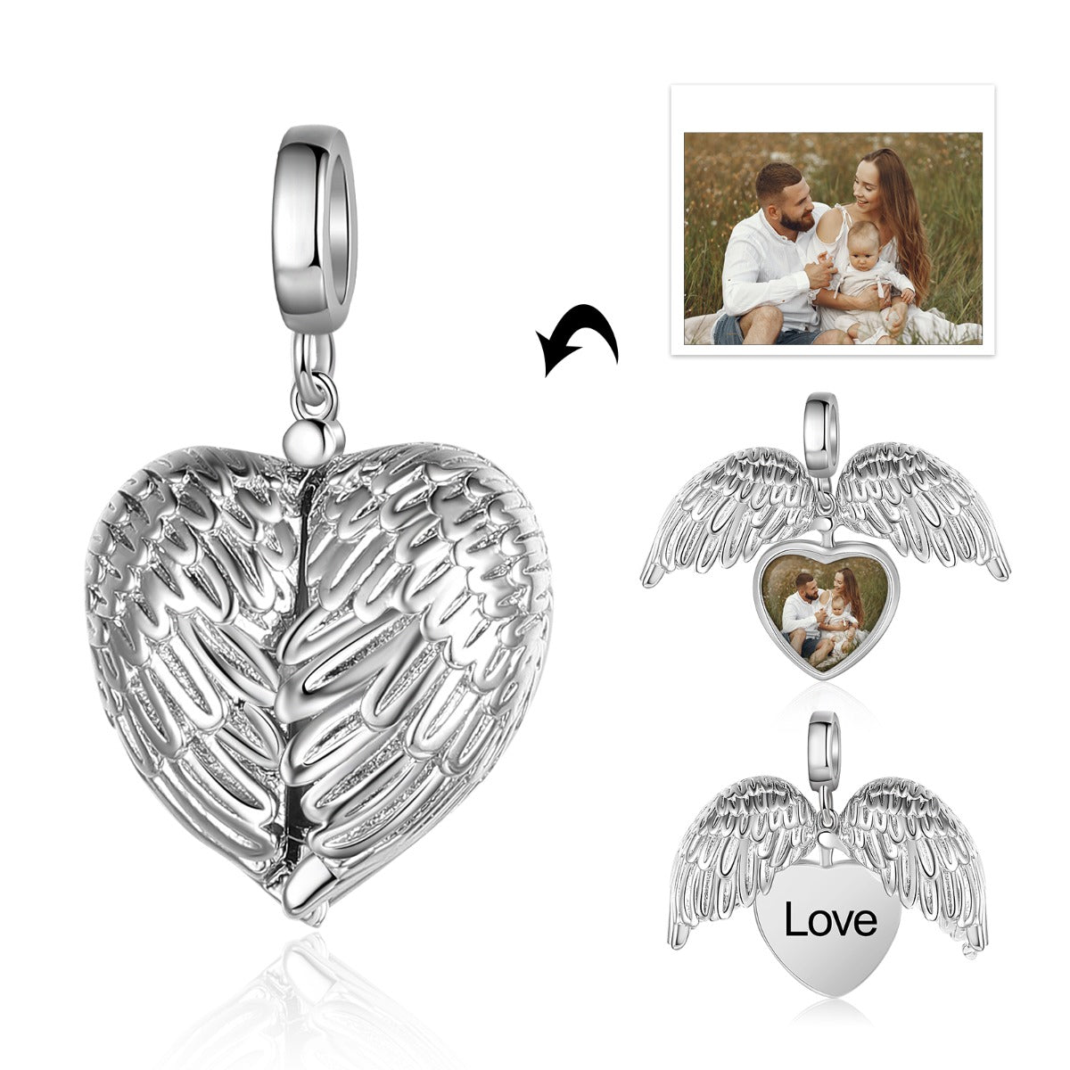 Personalized Rhodium Plated Heart Shape Wing Photo Charm Jewelry Beads