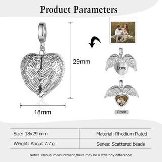 Personalized Rhodium Plated Heart Shape Wing Photo Charm Jewelry Beads