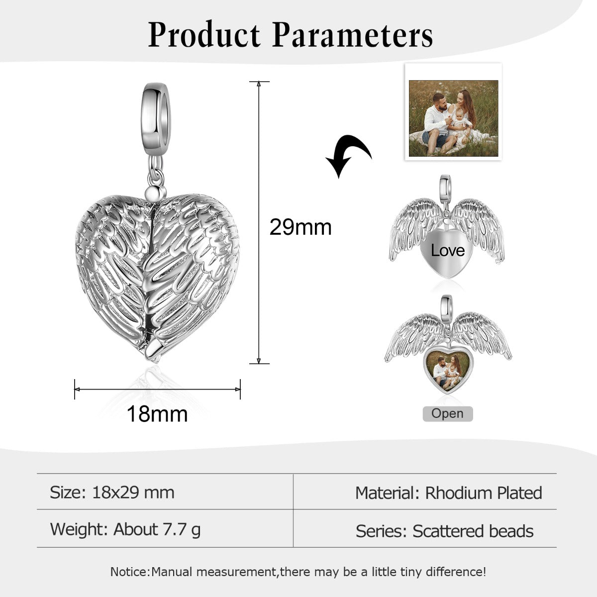 Personalized Rhodium Plated Heart Shape Wing Photo Charm Jewelry Beads