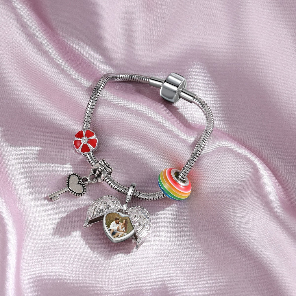 Personalized Rhodium Plated Heart Shape Wing Photo Charm Jewelry Beads