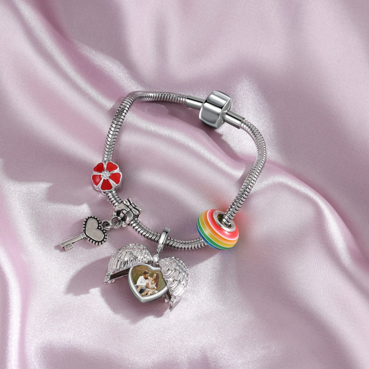 Personalized Rhodium Plated Heart Shape Wing Photo Charm Jewelry Beads