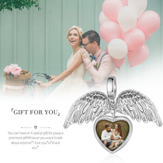 Personalized Rhodium Plated Heart Shape Wing Photo Charm Jewelry Beads
