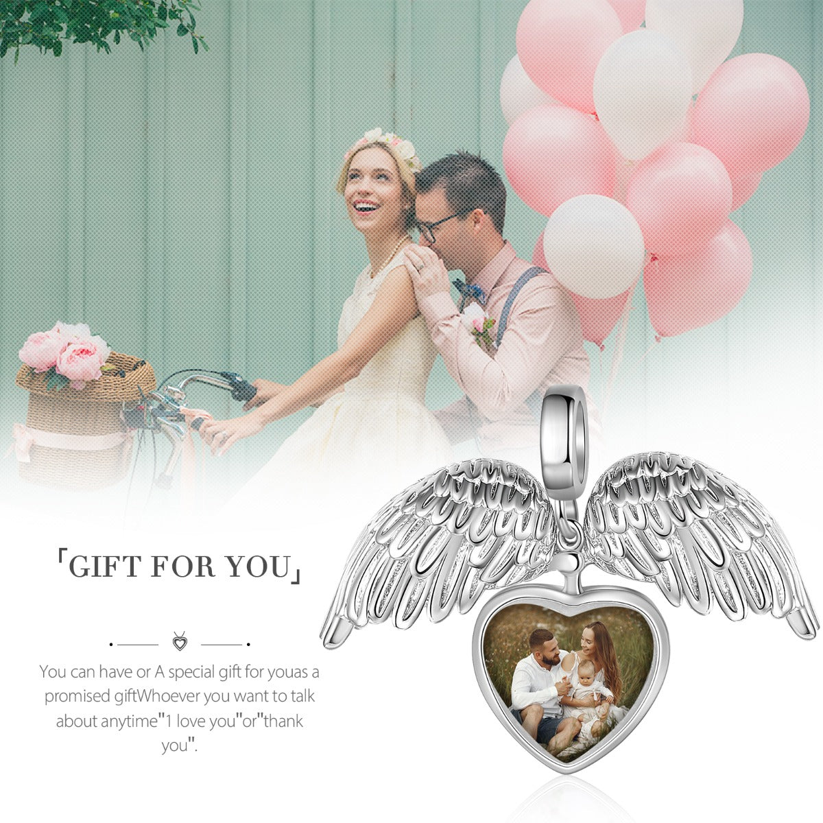 Personalized Rhodium Plated Heart Shape Wing Photo Charm Jewelry Beads