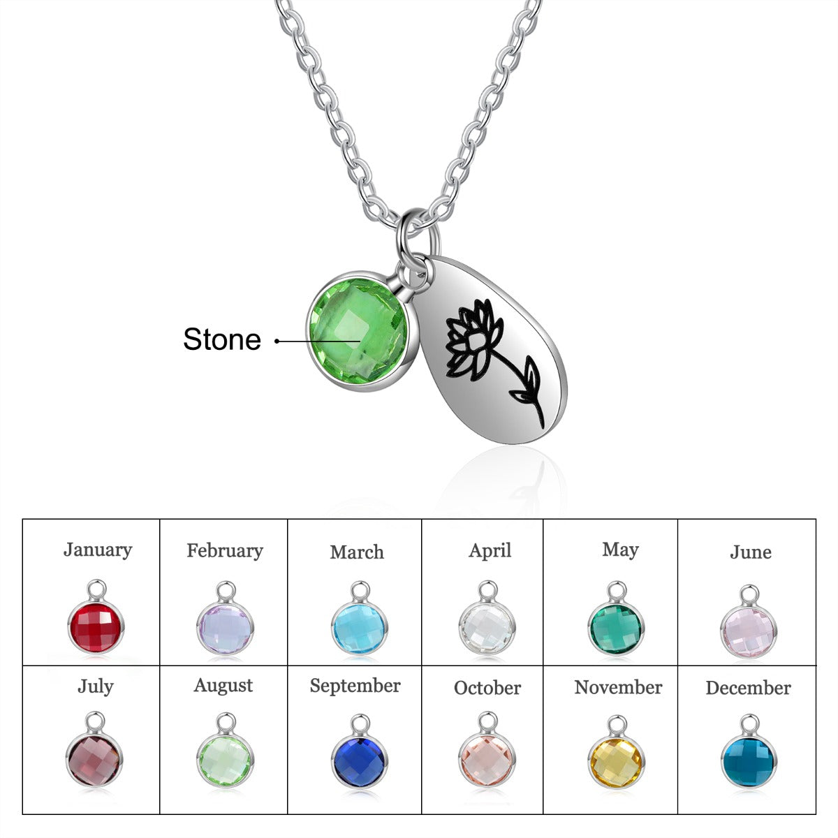 Stainless Steel Water drop Birthstone Birth Flower Necklace