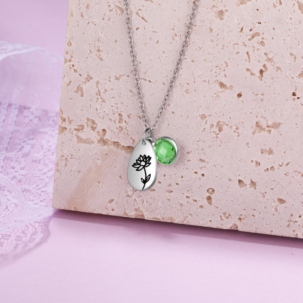 Stainless Steel Water drop Birthstone Birth Flower Necklace
