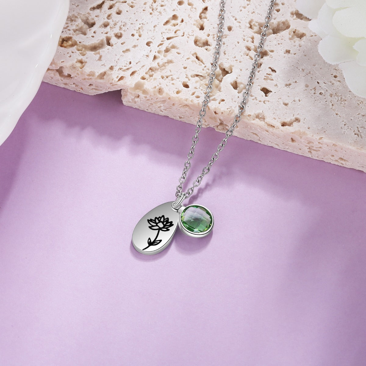 Stainless Steel Water drop Birthstone Birth Flower Necklace