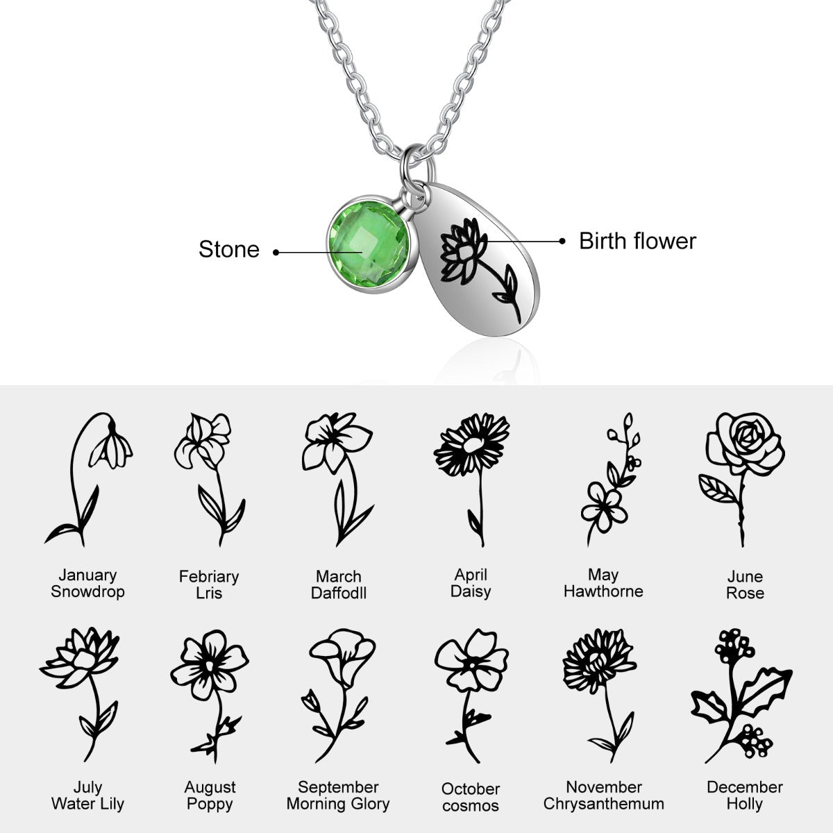 Stainless Steel Water drop Birthstone Birth Flower Necklace