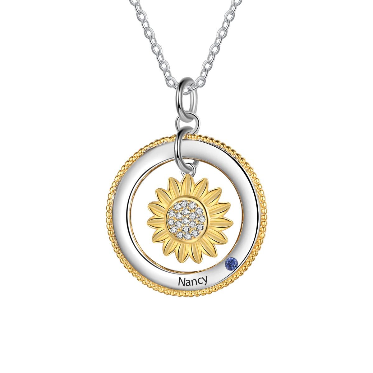 Birthstone & Engraved Rhodium plated Necklace