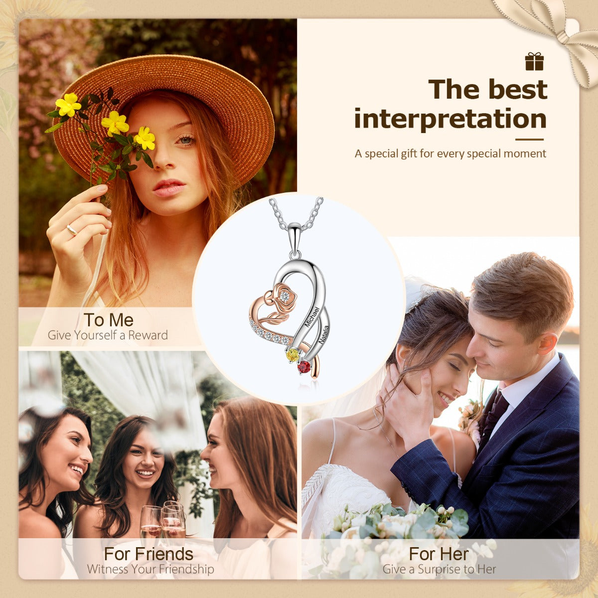 Custom 925 Sterling Silver Rose Flower Heart Shape Pendant Necklace