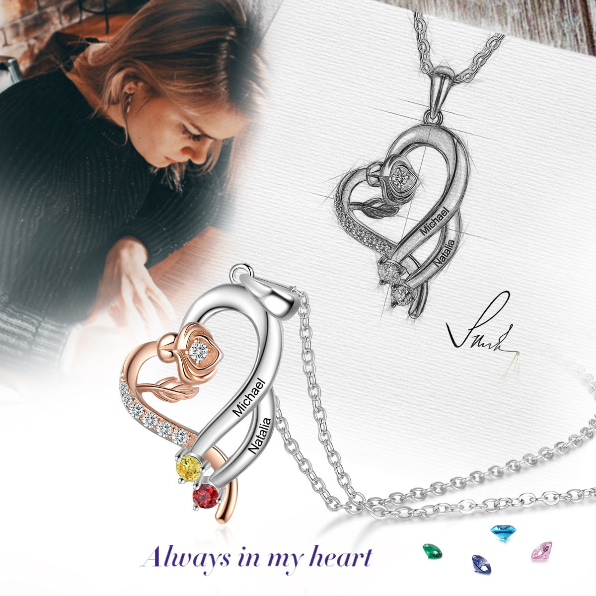 Custom 925 Sterling Silver Rose Flower Heart Shape Pendant Necklace