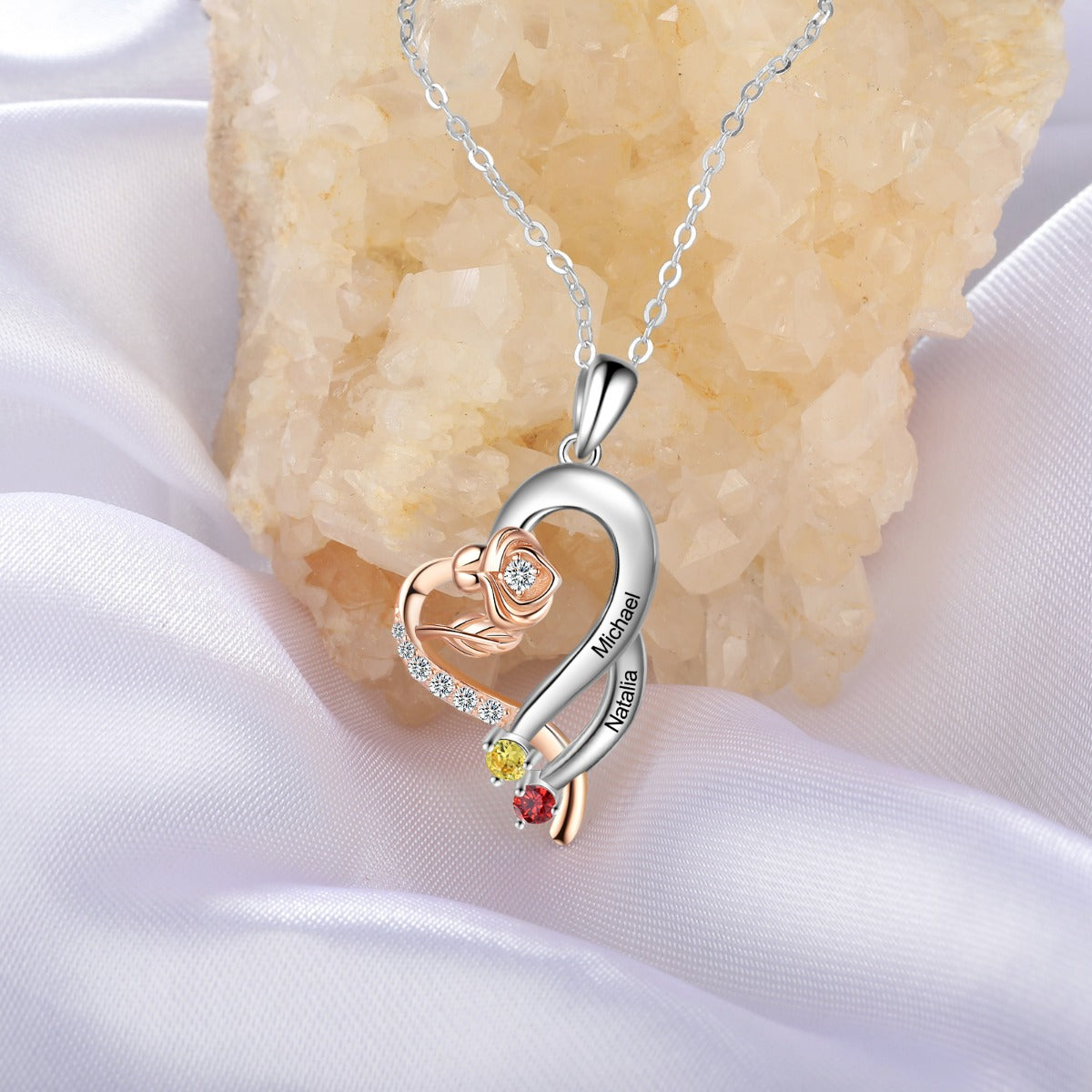 Custom 925 Sterling Silver Rose Flower Heart Shape Pendant Necklace