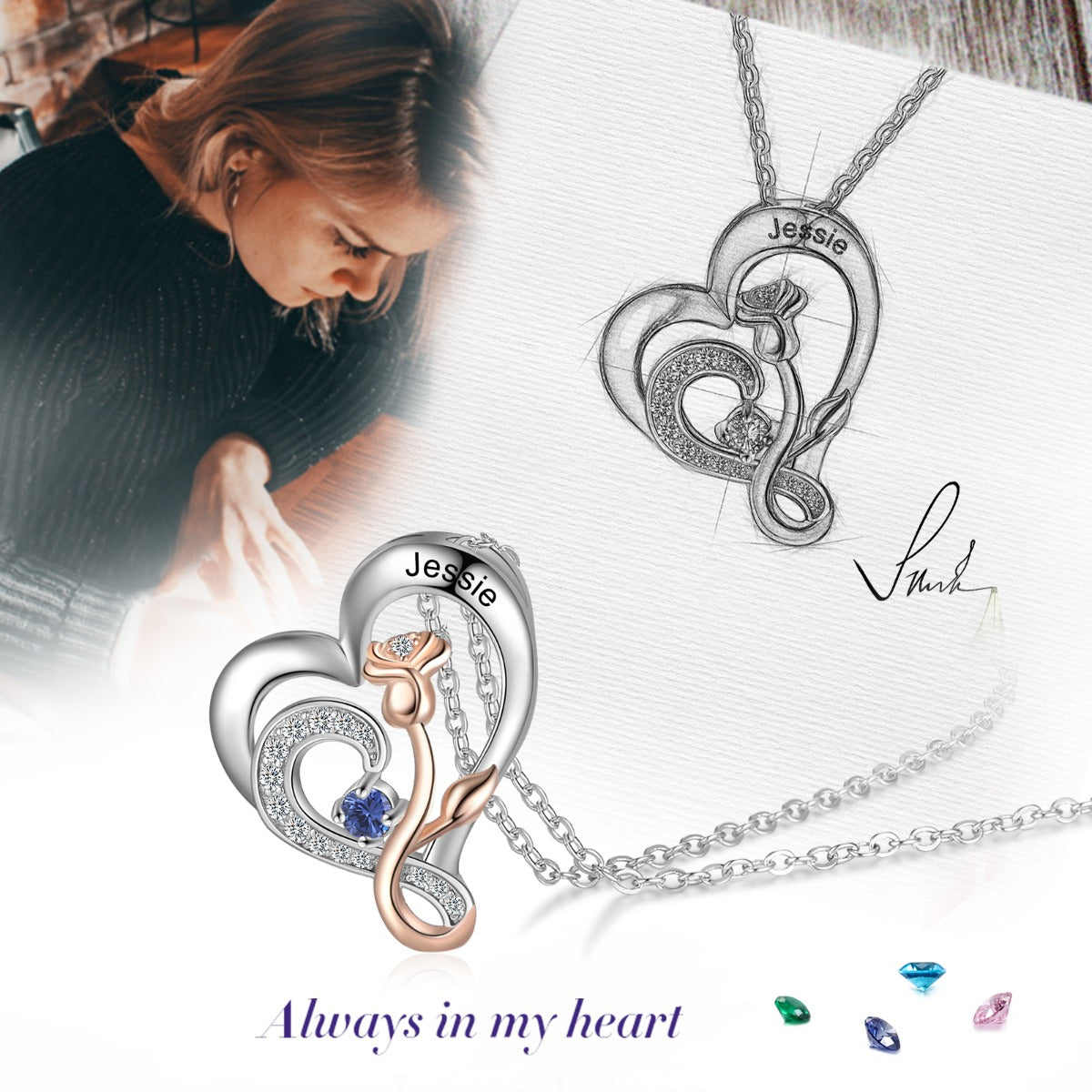 925 Sterling Silver Rose Flower Heart Pendant Necklace