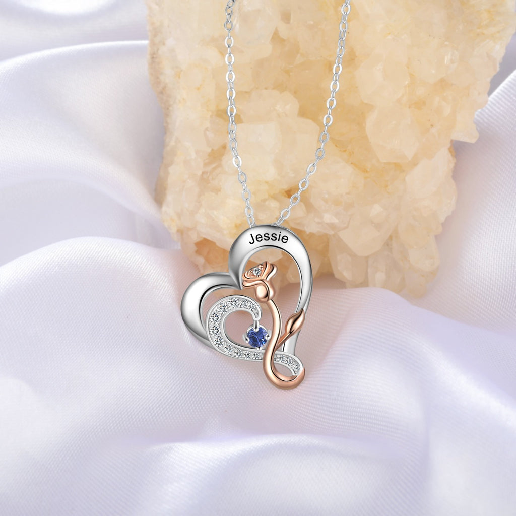 925 Sterling Silver Rose Flower Heart Pendant Necklace