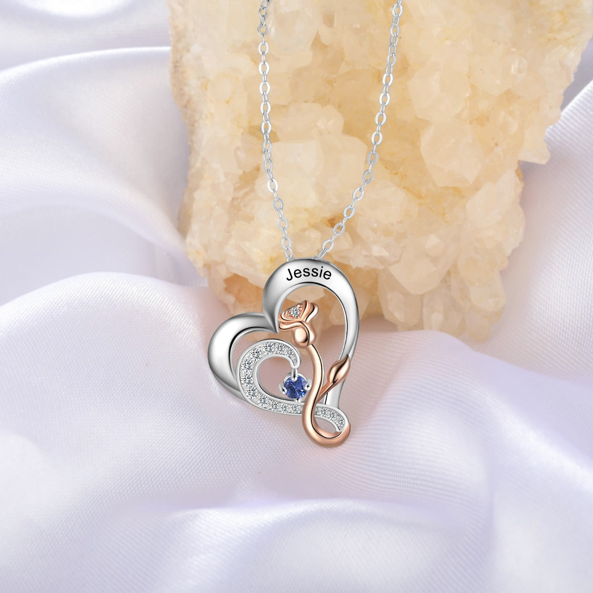 925 Sterling Silver Rose Flower Heart Pendant Necklace