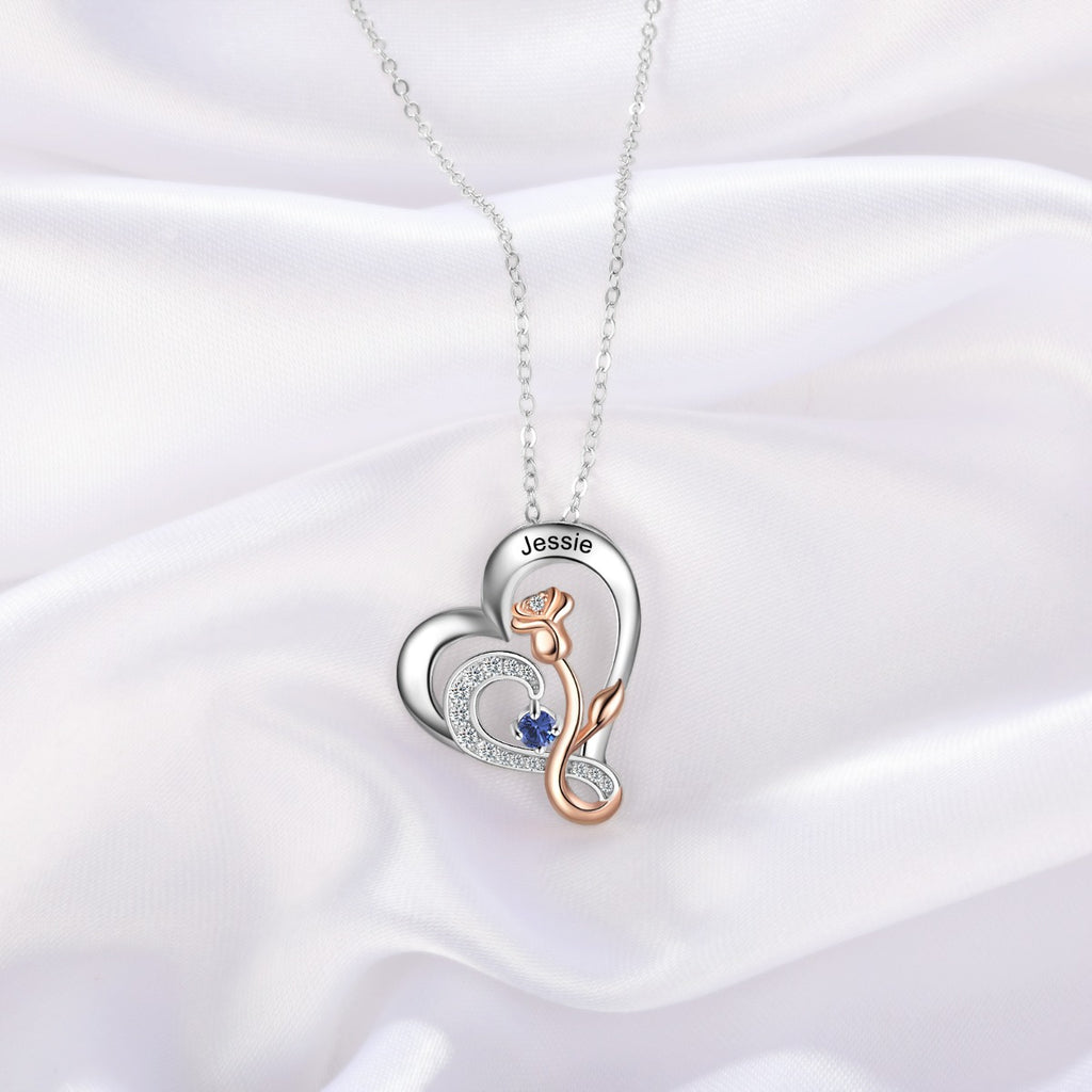 925 Sterling Silver Rose Flower Heart Pendant Necklace