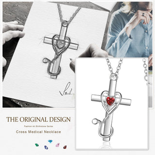 Custom Heart Birthtsone Cross Pendant Necklace