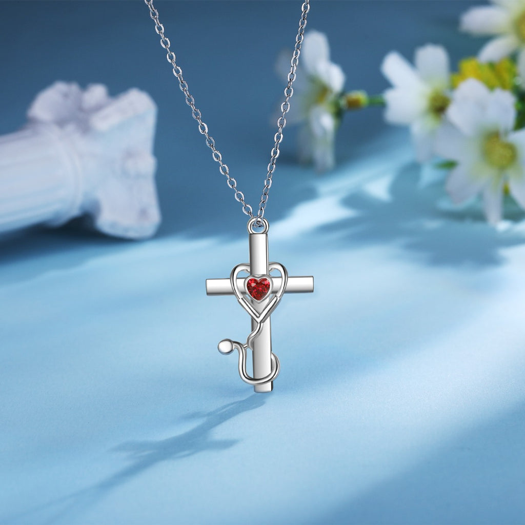 Custom Heart Birthtsone Cross Pendant Necklace