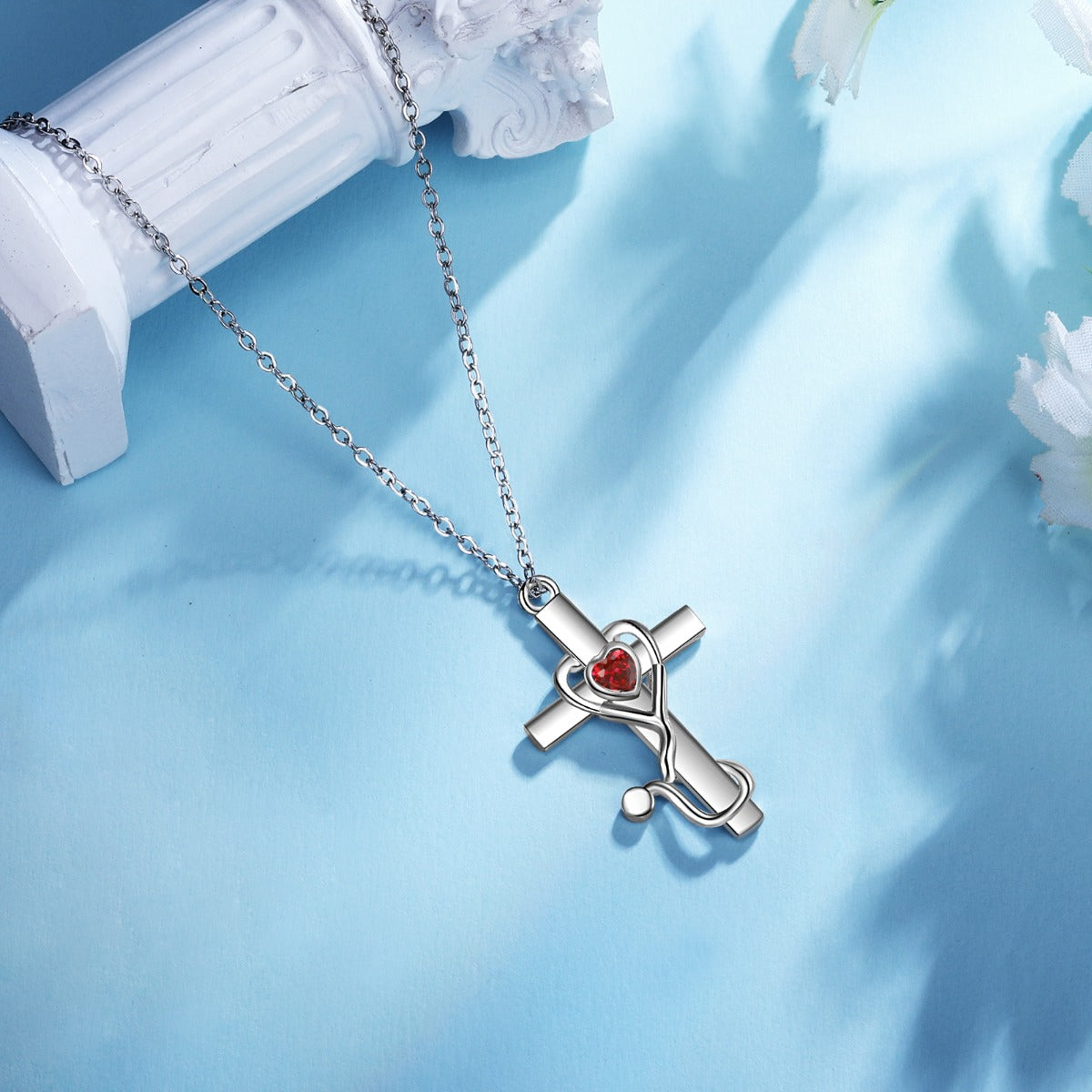 Custom Heart Birthtsone Cross Pendant Necklace