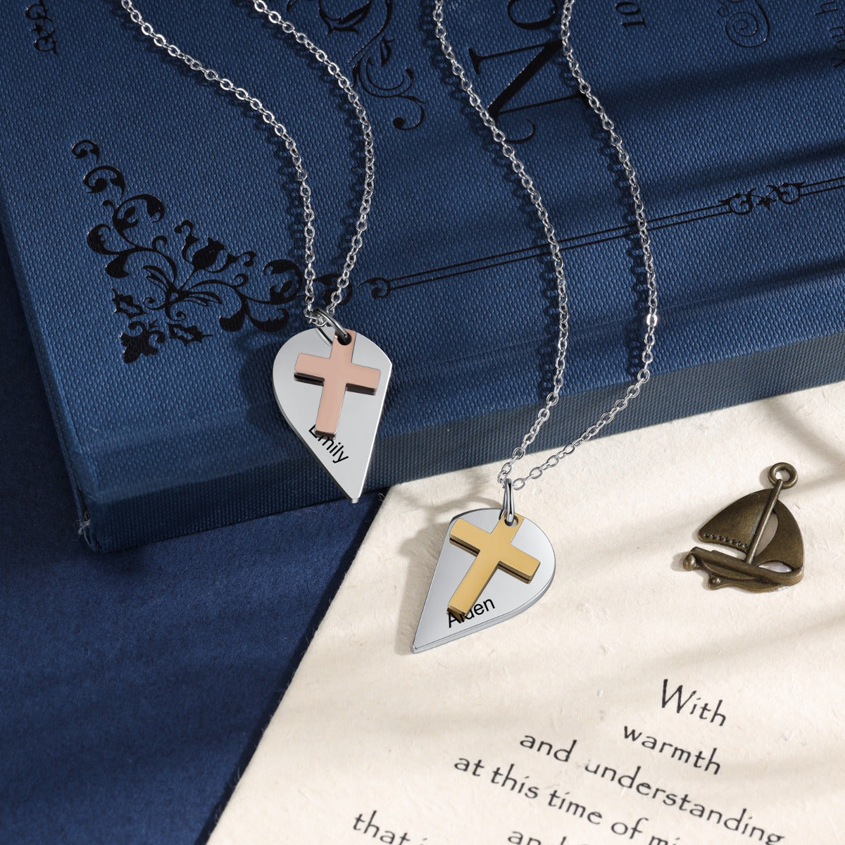 Personalized Heart Shape Mutil-Chain Necklace with Cross