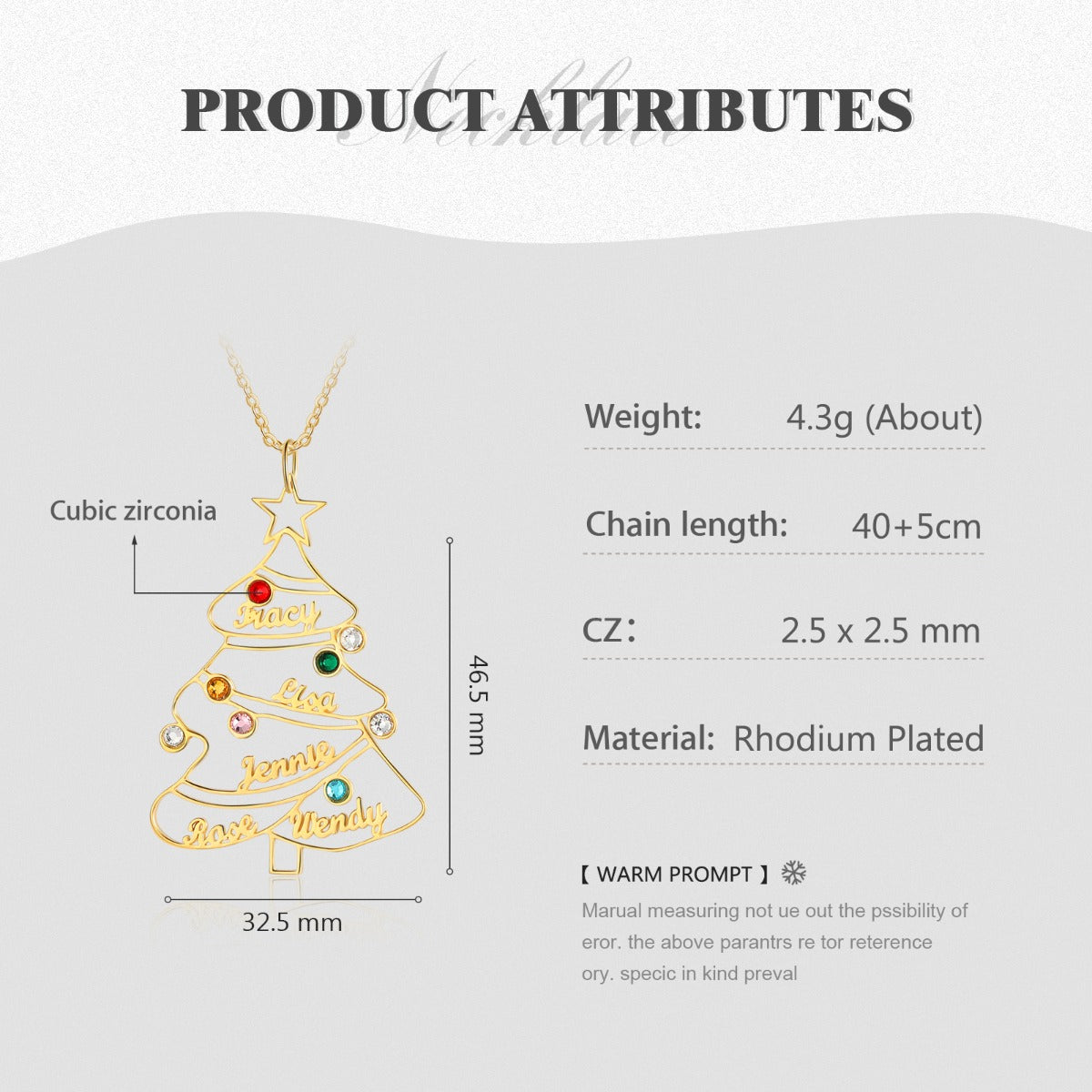 Engraved Rhodium Plated Christmas Tree Necklace