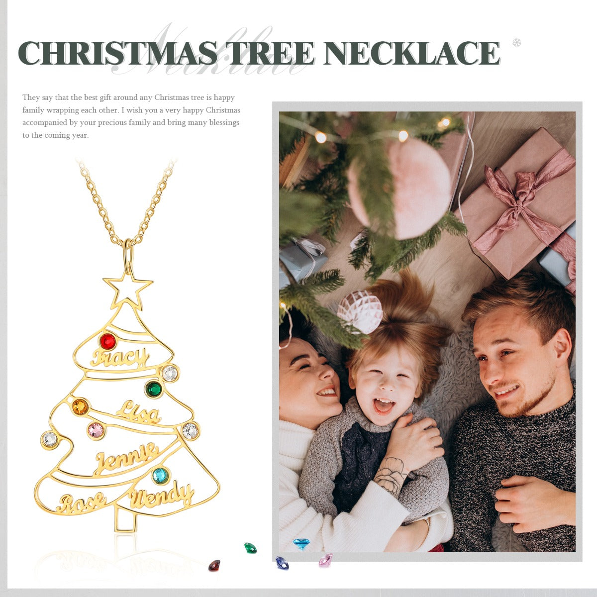 Engraved Rhodium Plated Christmas Tree Necklace