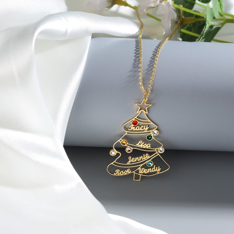 Engraved Rhodium Plated Christmas Tree Necklace