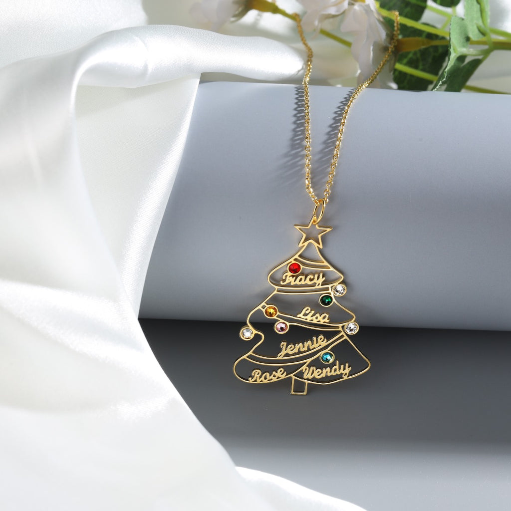 Engraved Rhodium Plated Christmas Tree Necklace
