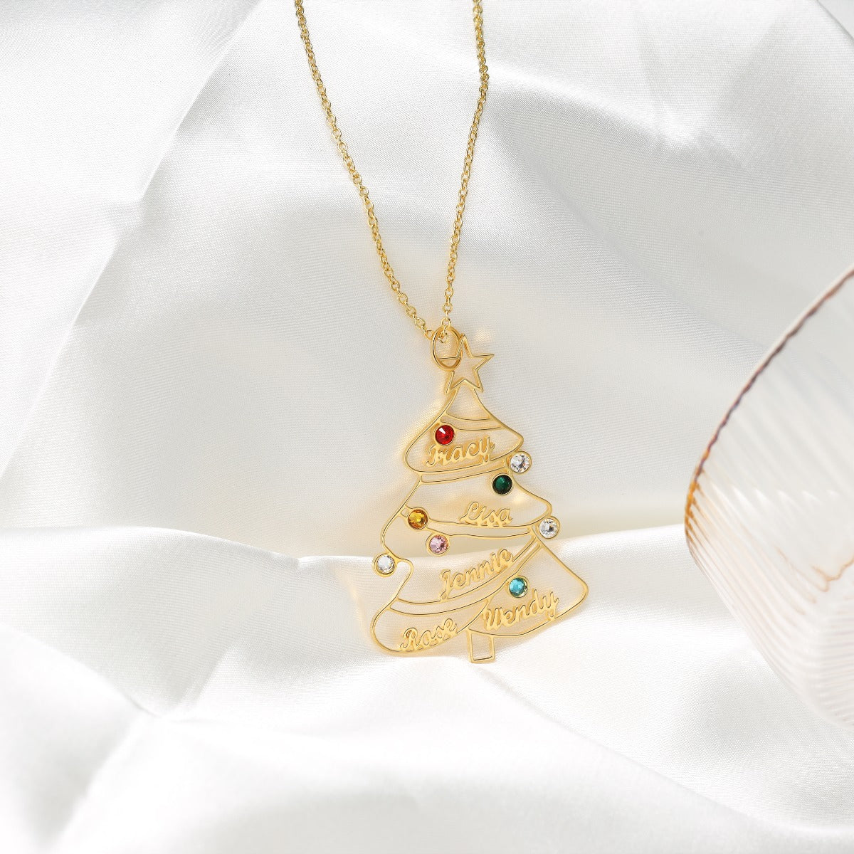 Engraved Rhodium Plated Christmas Tree Necklace