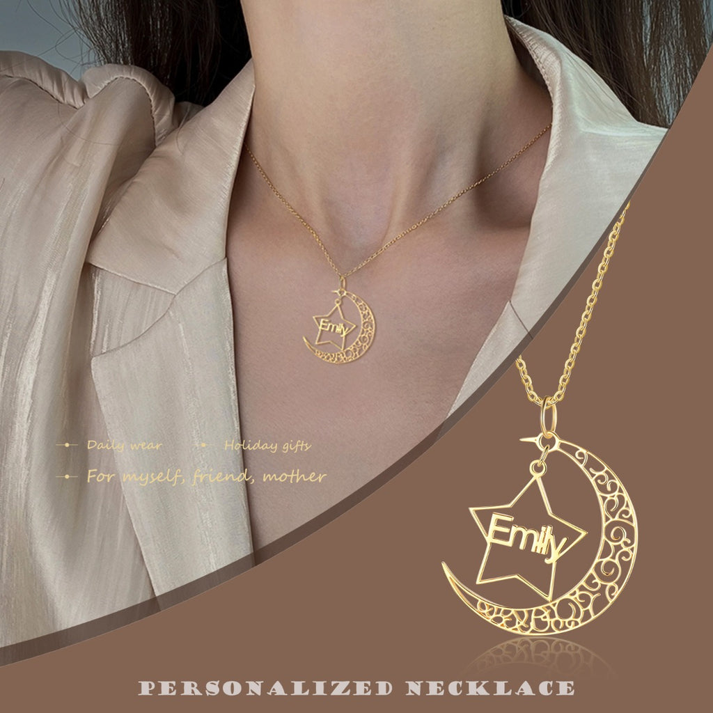 Personalized Rhodium Pated Star Moon Name Necklace