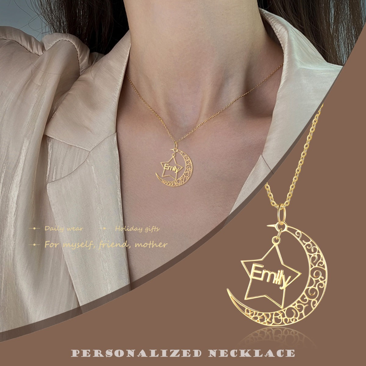 Personalized Rhodium Pated Star Moon Name Necklace