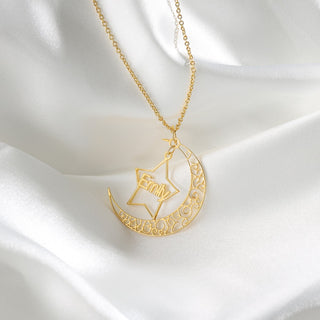 Personalized Rhodium Pated Star Moon Name Necklace