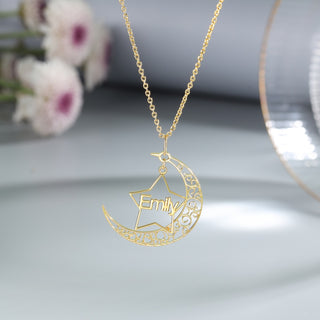 Personalized Rhodium Pated Star Moon Name Necklace
