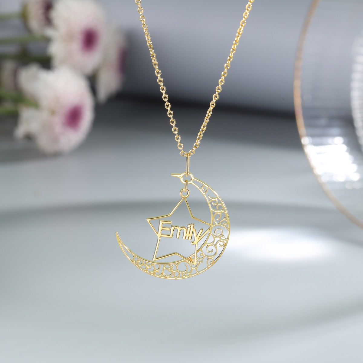 Personalized Rhodium Pated Star Moon Name Necklace